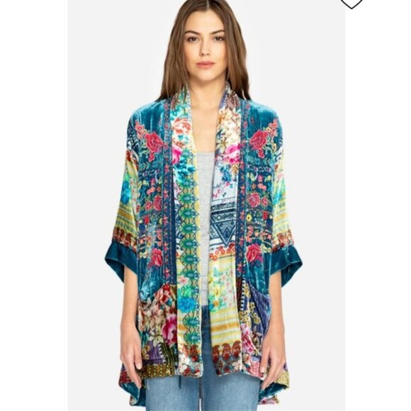 Johnny Was BIYA embroidered silk velvet kimono Haori jacket tunic caftan floral - Picture 2 of 11